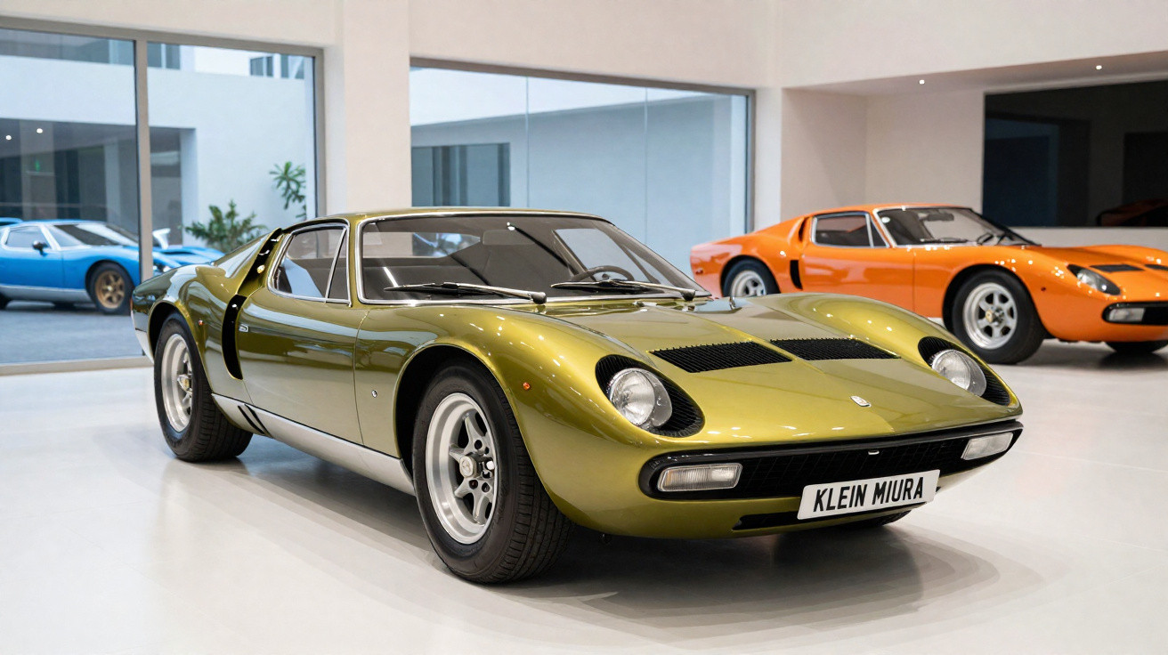 Carro esportivo clássico verde metálico modelo Klein Miura em exposição interna com outros carros ao fundo.