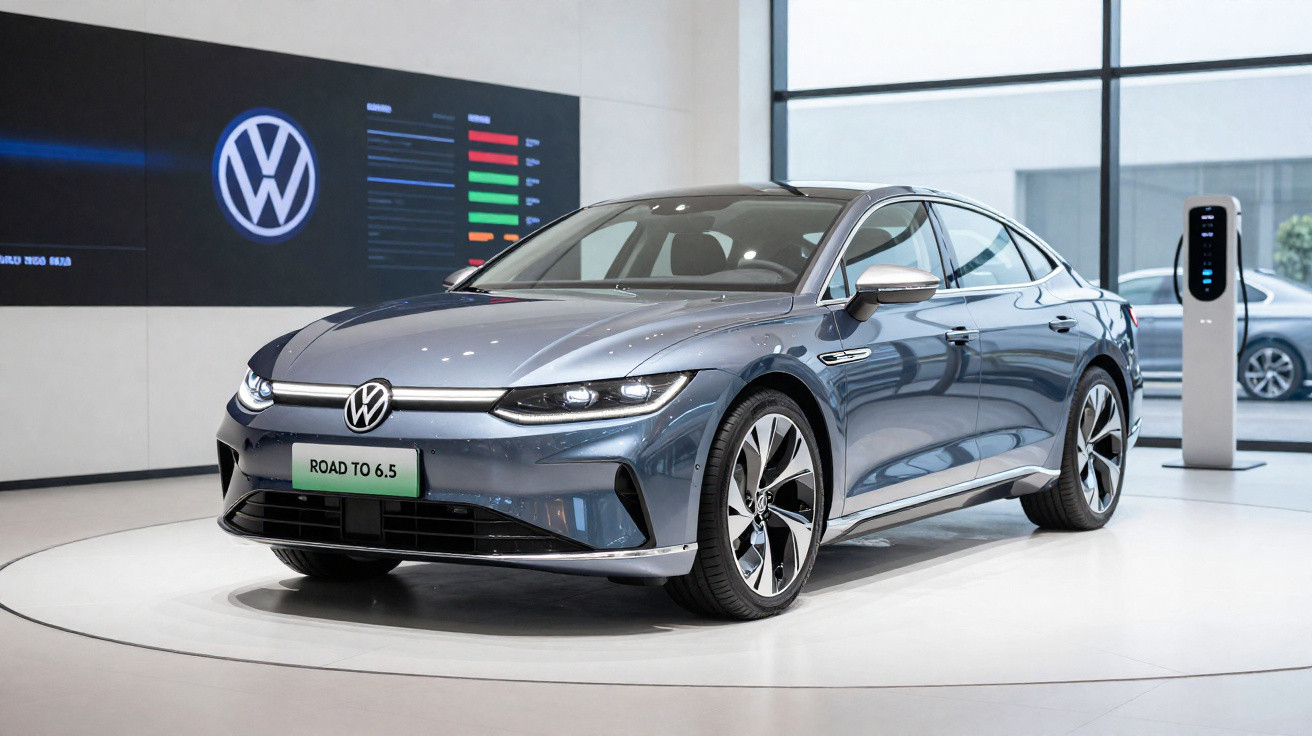 Carro elétrico cinza Volkswagen em exposição, com carregador ao fundo e logo da marca na parede.