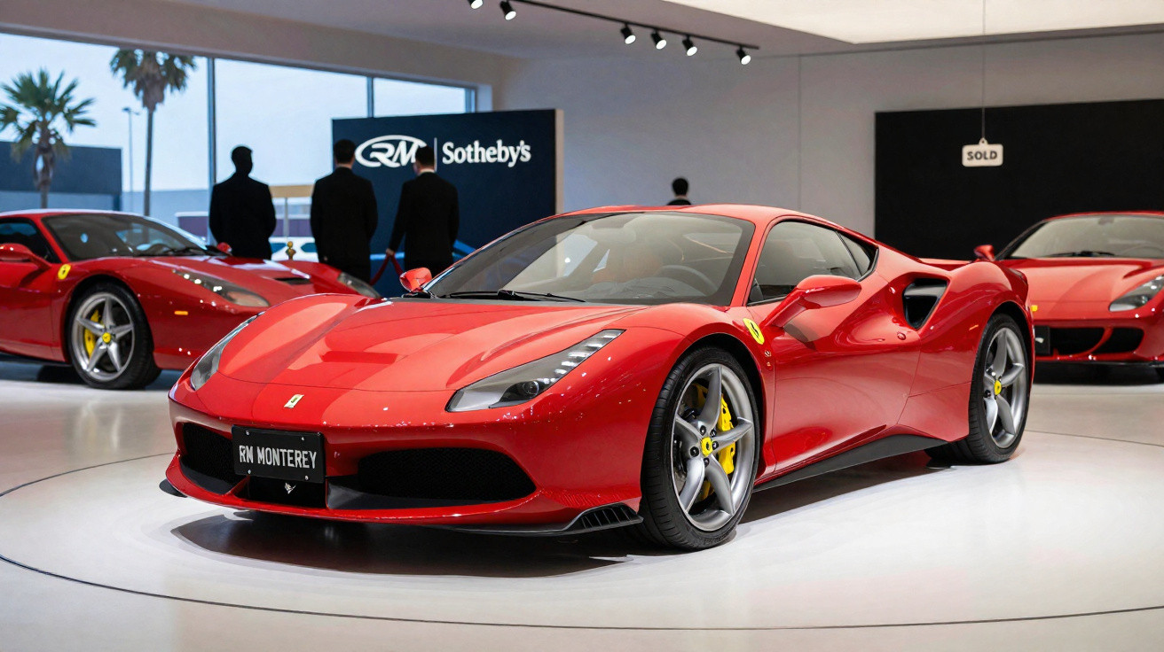 Carro esportivo vermelho Ferrari exposto em salão de automóveis com luzes e pessoas ao fundo.