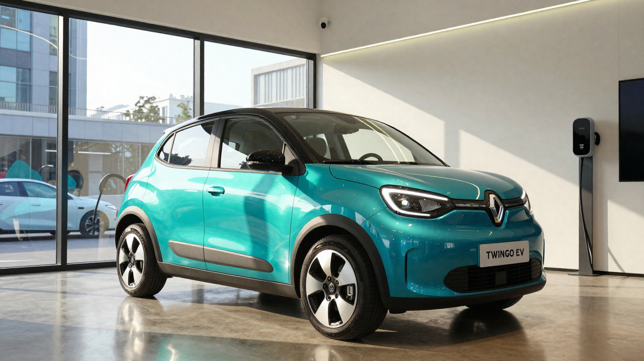 Carro elétrico Renault Twingo EV azul em exposição dentro de sala com parede branca e janela de vidro.