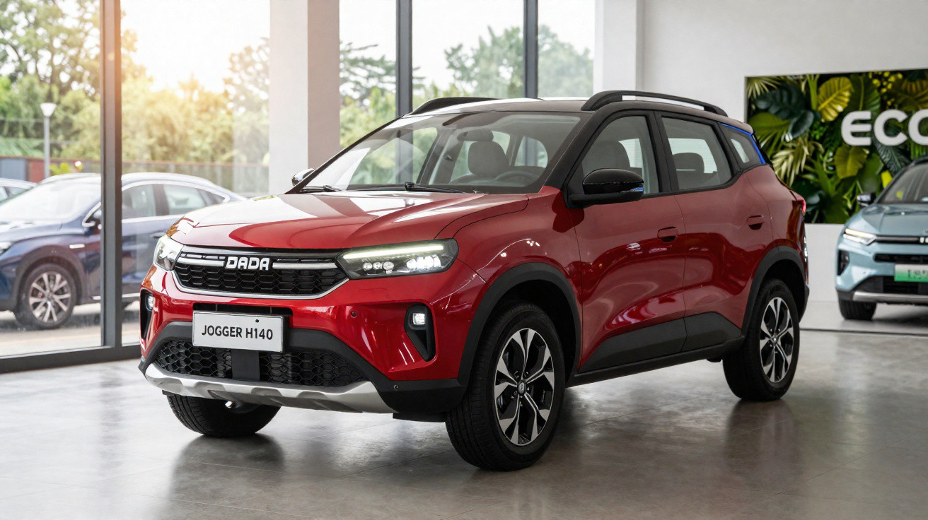 SUV vermelho Dacia Jogger H140 estacionado em showroom moderno com vidro e outros carros ao fundo.