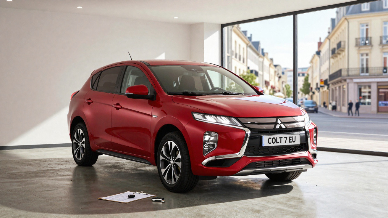 Carro vermelho Mitsubishi Colt 7 EU estacionado em garagem com janela para rua urbana ao fundo.