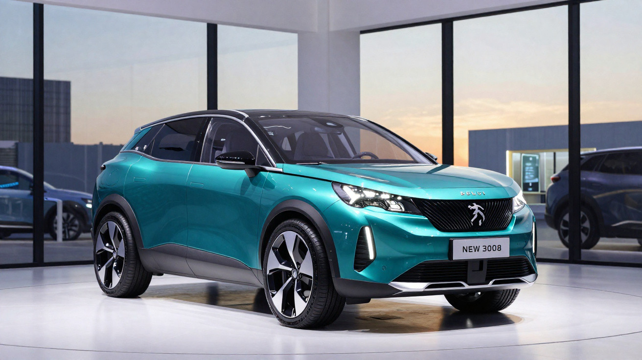 Carro SUV Peugeot New 3008 verde em exposição, com acabamento preto e rodas esportivas.