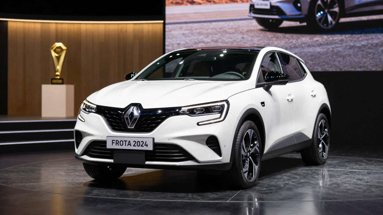 Carro Renault branco modelo Frota 2024 exibido em estande de exposição.