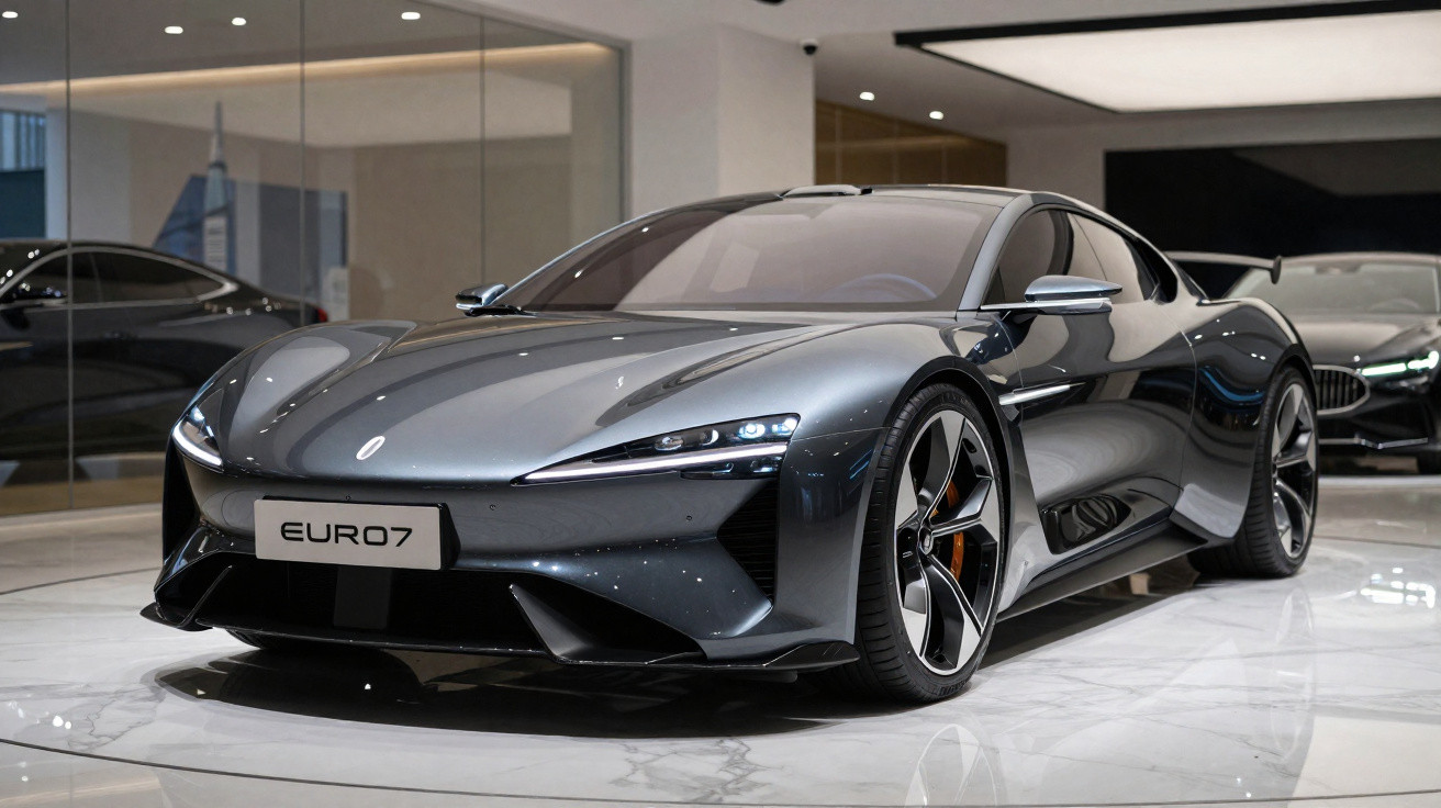Carro esportivo cinza metálico com design aerodinâmico em showroom moderno e iluminado.