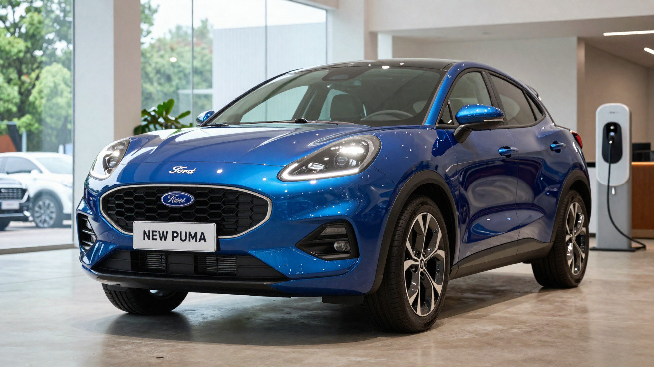 Carro Ford New Puma azul exibido em showroom moderno com tomada para carregamento elétrico ao fundo.