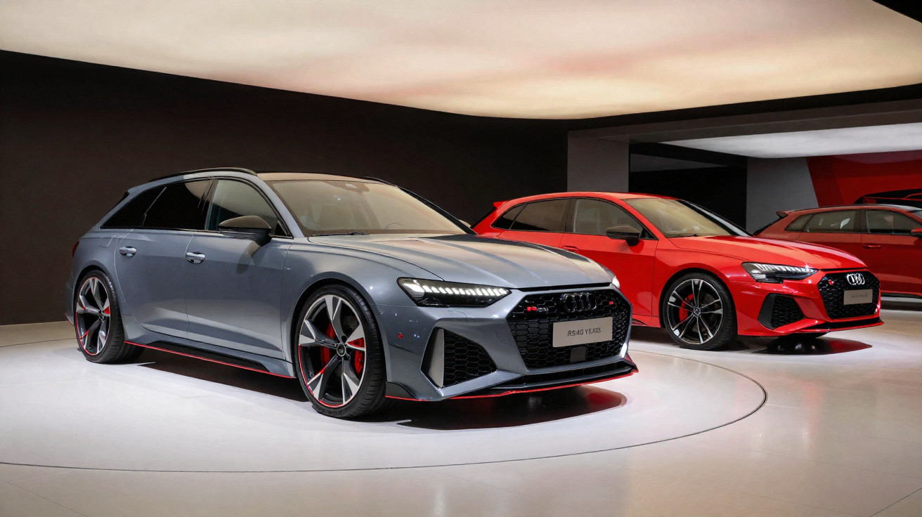 Dois carros Audi RS 6 Avant, um cinza e um vermelho, expostos em ambiente moderno com iluminação suave.