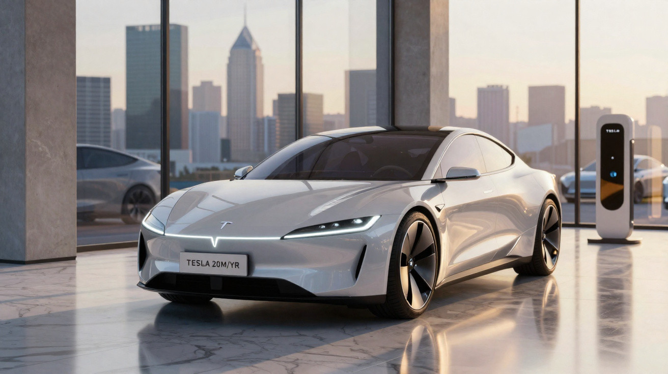 Carro elétrico Tesla prata estacionado em garagem moderna com vista para cidade ao entardecer.
