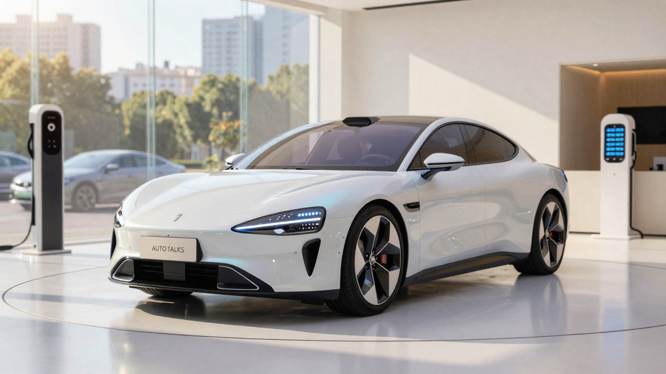 Carro elétrico branco estacionado em showroom moderno com estações de recarga ao fundo.