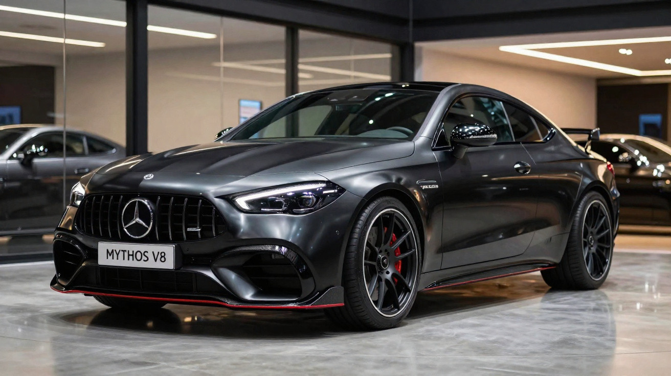 Carro esportivo preto Mercedes-Benz AMG MYTHOS V8 estacionado em ambiente interno moderno.