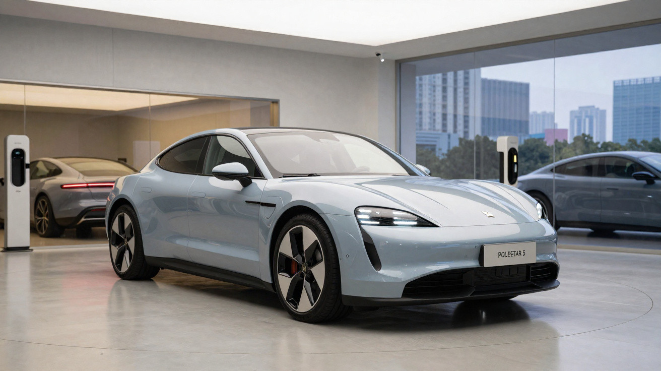 Carro elétrico cinza claro Polestar 5 em showroom moderno com grandes janelas e outros carros ao fundo.