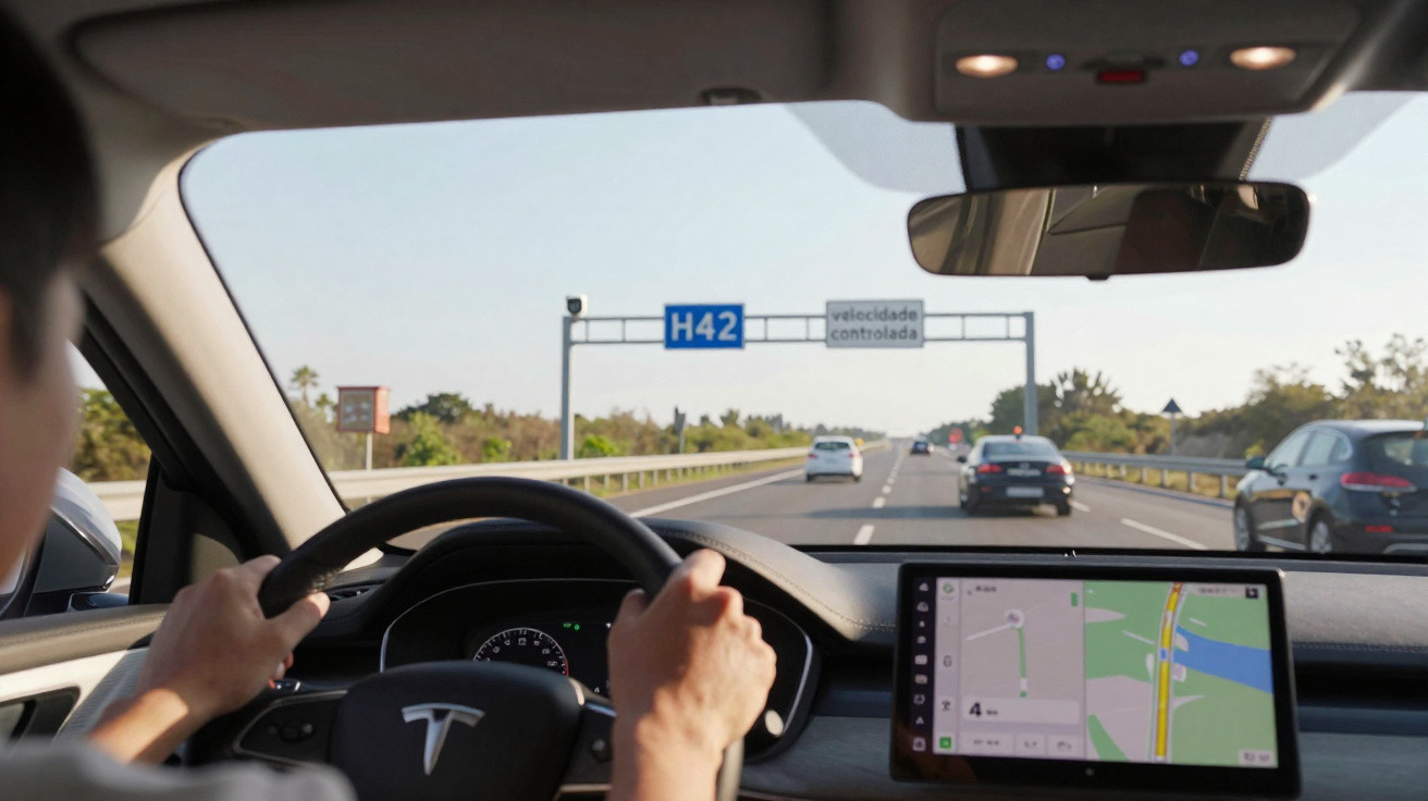 Pessoa dirigindo carro Tesla em rodovia com painel digital mostrando GPS e placa indicando velocidade controlada.