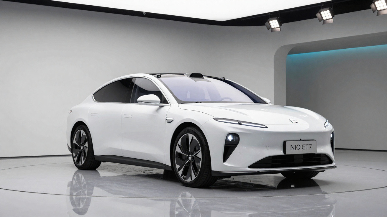 Carro elétrico branco NIO ET7 exibido em estúdio com iluminação e fundo neutro.