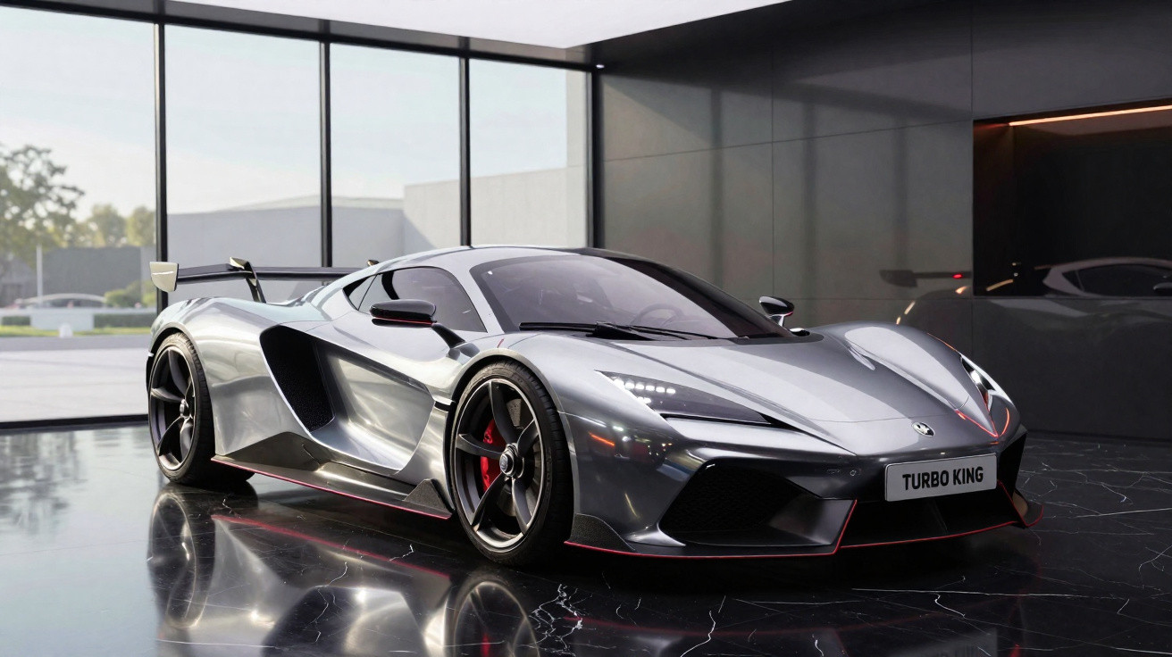 Carro esportivo cinza metálico com design aerodinâmico em cenário moderno e refletivo.