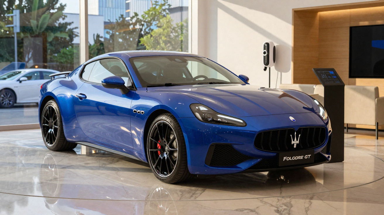Carro esportivo azul Maserati Folgore GT exposto em showroom moderno com piso de mármore.