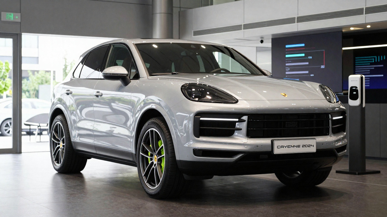 SUV Porsche Cayenne 2024 cinza em exposição interna com carregador elétrico ao lado.