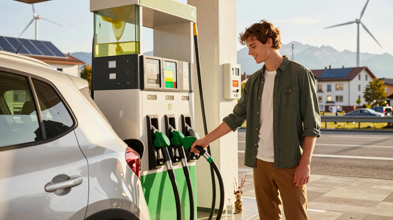 Jovem abastecendo carro em posto com painéis solares e turbinas eólicas ao fundo em dia ensolarado.
