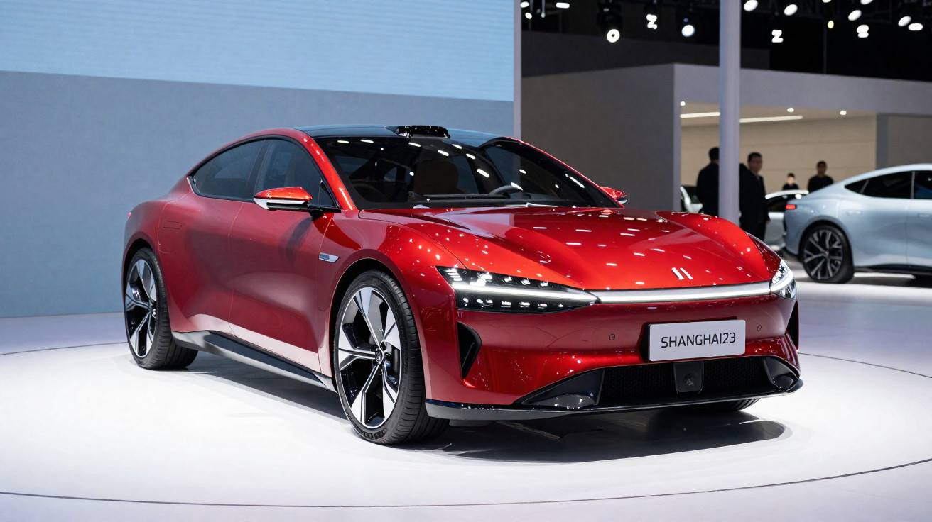 Carro esportivo elétrico vermelho em exposição, modelo Shanghai23, com design moderno e rodas esportivas.