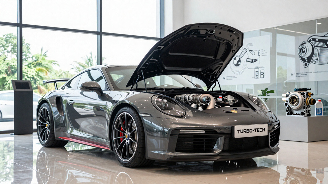 Carro esportivo cinza em showroom com capô aberto exibindo motor turbo visível.