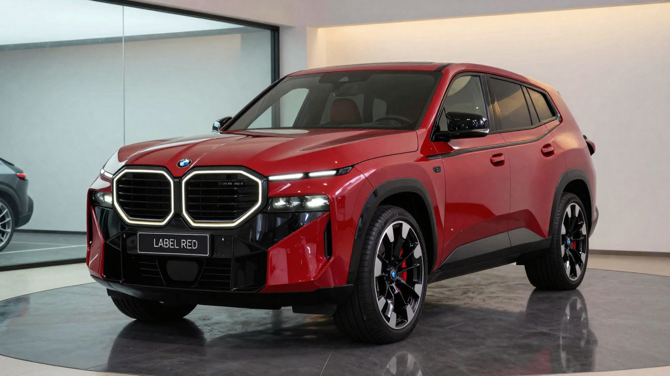 SUV BMW vermelho modelo moderno estacionado em ambiente interno com piso refletivo.