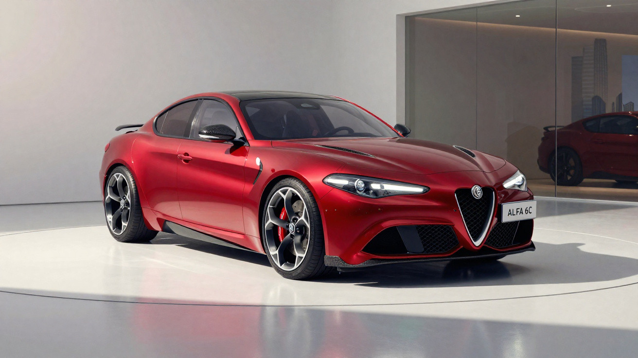Carro esportivo Alfa Romeo Giulia Quadrifoglio vermelho estacionado em ambiente moderno e iluminado.