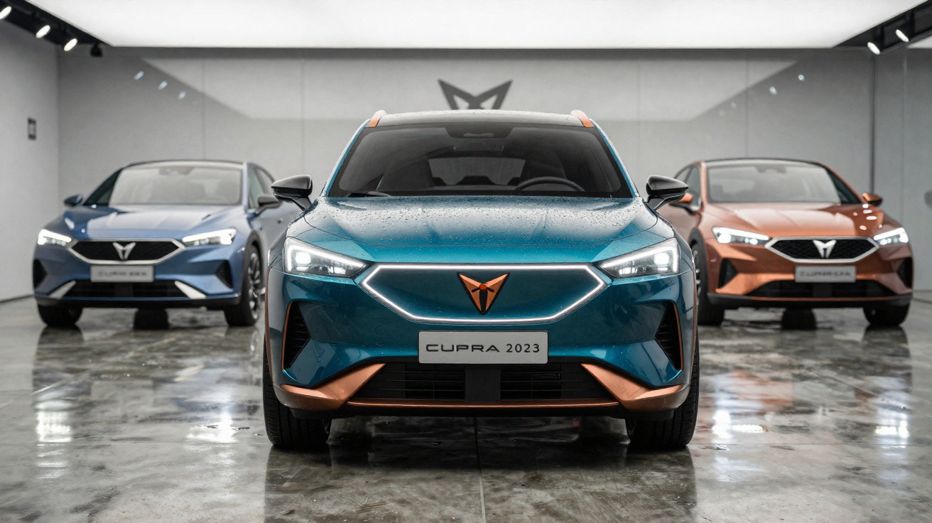 Três carros elétricos Cupra 2023 em exposição, nas cores azul, verde e laranja, em ambiente interno moderno.