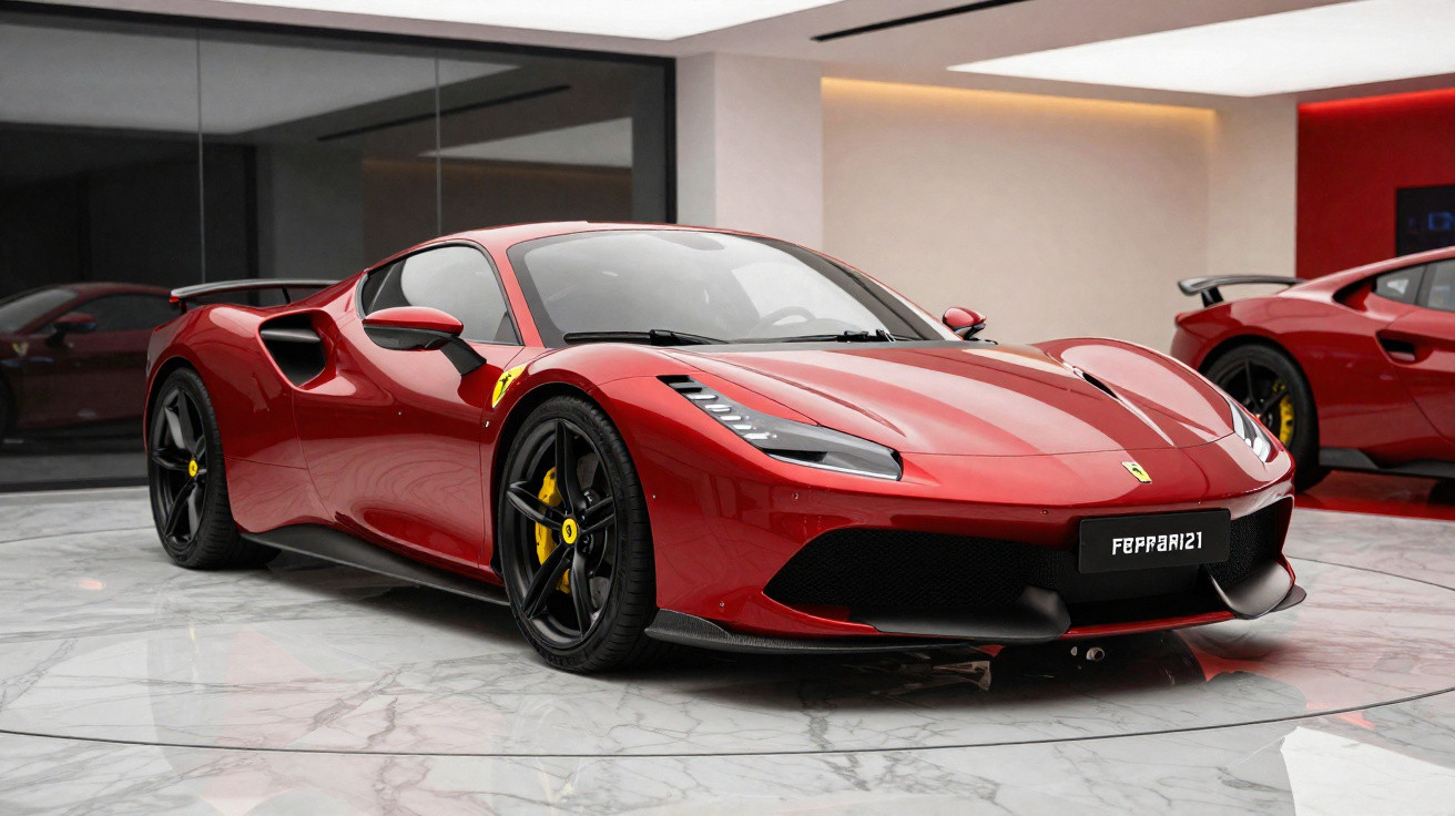 Carro esportivo Ferrari vermelho em showroom com piso de mármore e iluminação moderna.