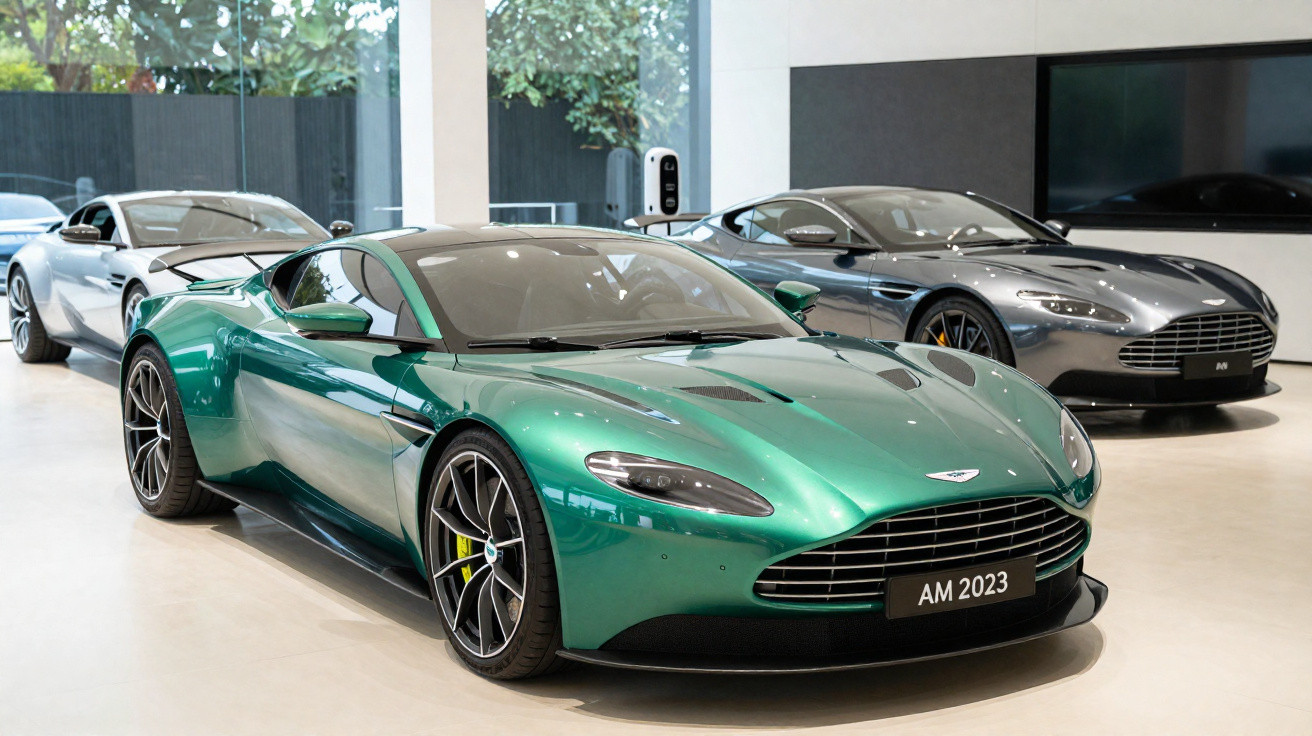 Três carros esportivos Aston Martin em showroom, com destaque para modelo verde brilhante na frente.