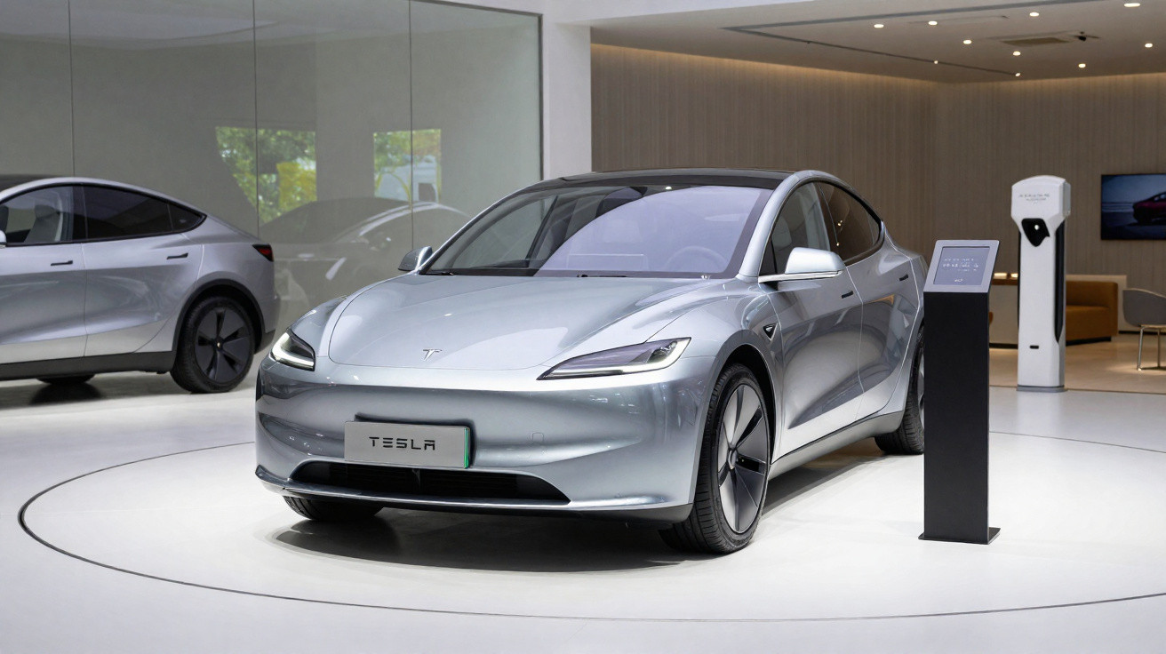 Carro elétrico Tesla prata exposto em showroom moderno com outra unidade e estação de recarga ao fundo.