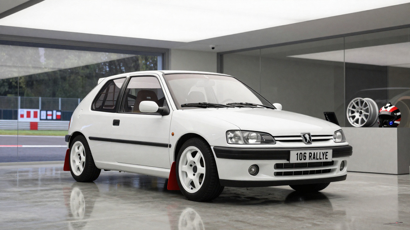 Peugeot 106 Rallye branco estacionado em piso refletivo dentro de espaço moderno com paredes de vidro.