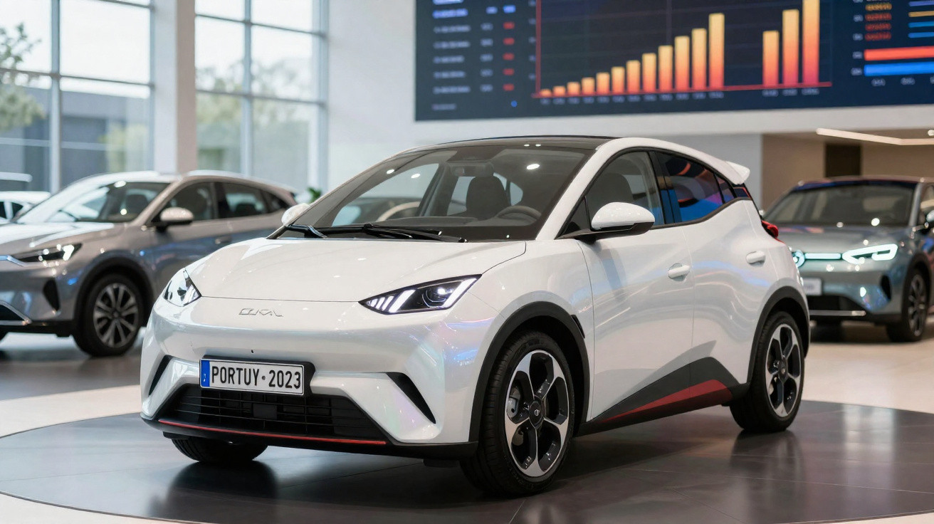 Carro elétrico branco exposto em salão de automóveis com outras SUVs ao fundo e gráfico na parede.