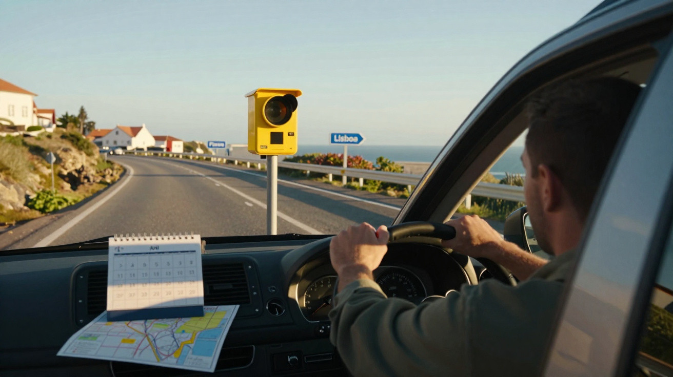 Motorista dirigindo em estrada costeira com radar de velocidade amarelo e placas indicando Lisboa e Figueira.