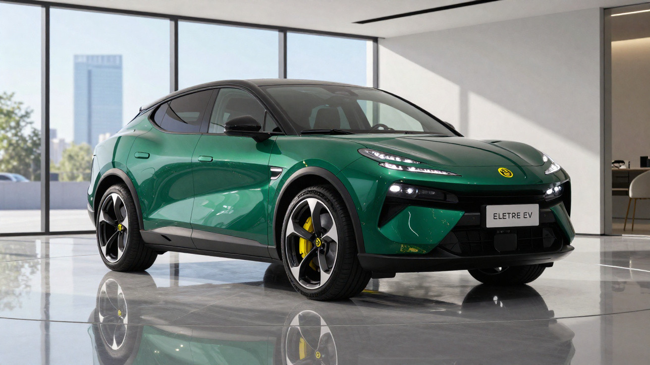 Carro elétrico verde Eletre EV em showroom moderno com teto preto e detalhes amarelos nas rodas.