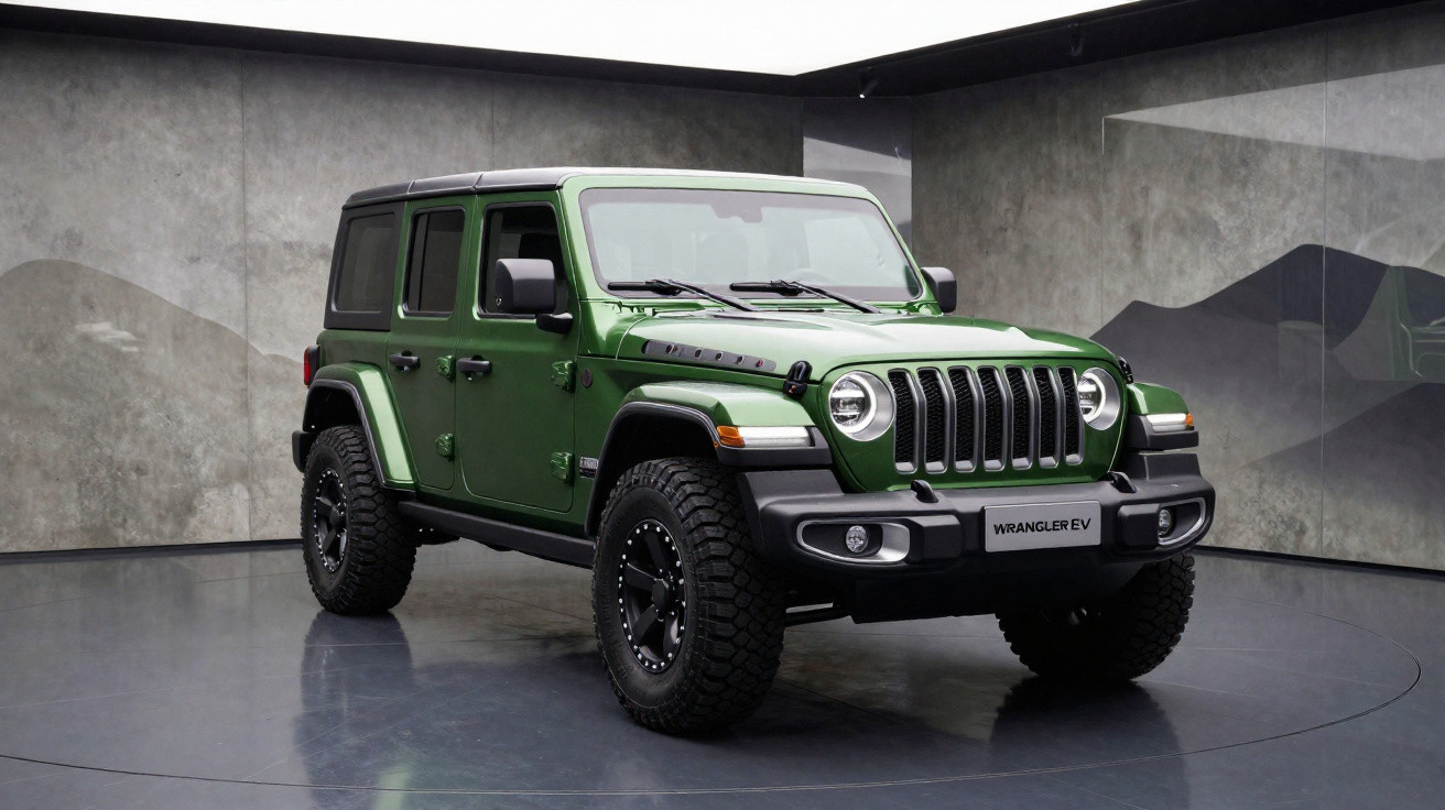 Jeep Wrangler EV verde exibido em ambiente interno moderno com paredes de concreto cinza.