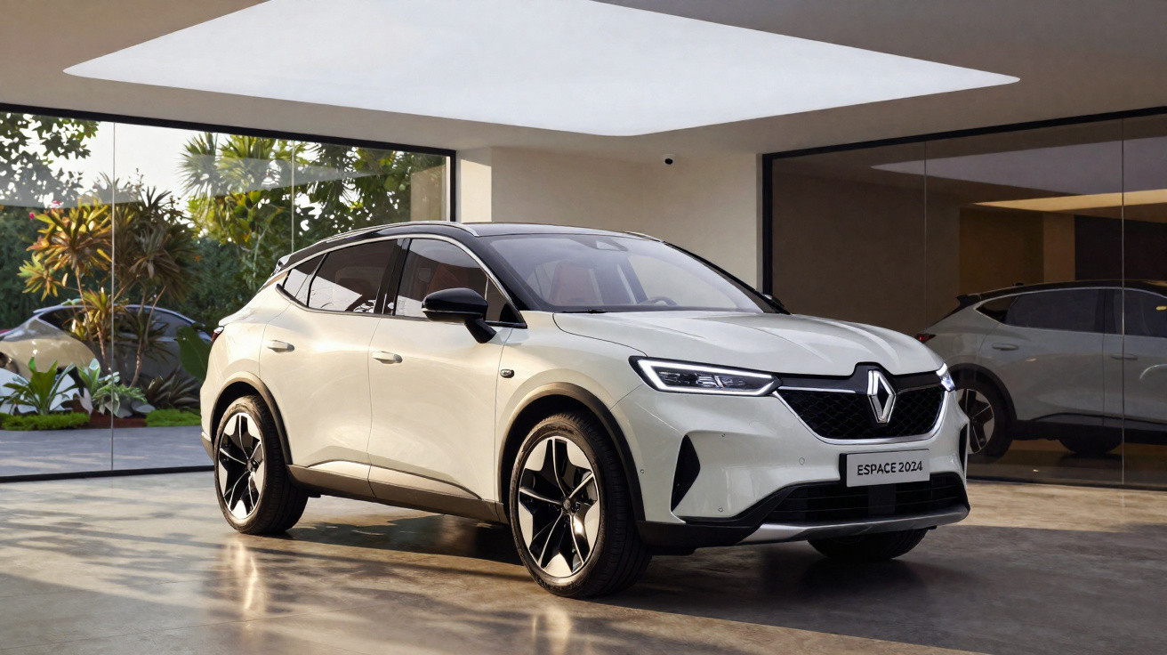 Renault Espace 2024 branco estacionado em garagem com paredes de vidro e iluminação natural.