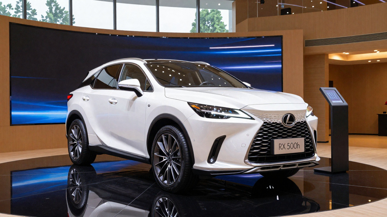 Carro branco Lexus RX 500h exposto em estande moderno com iluminação e tela digital ao fundo.