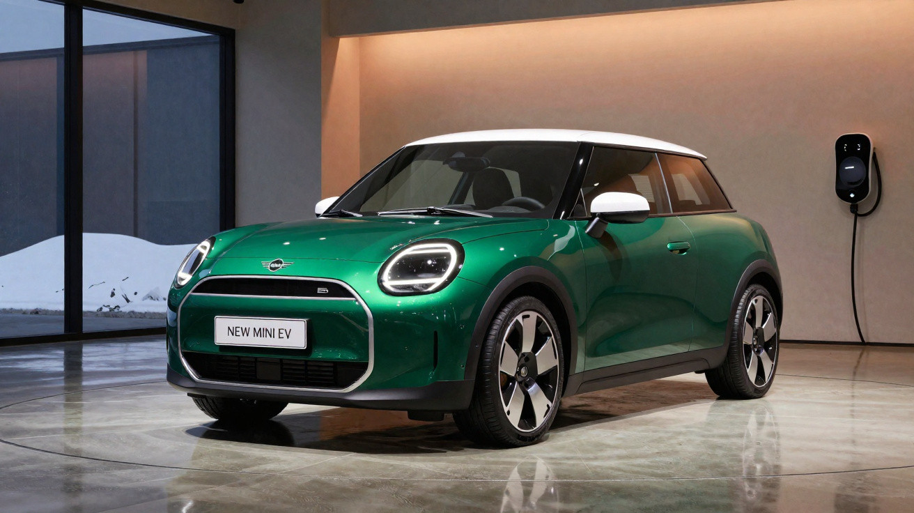 Carro elétrico Mini verde com teto branco estacionado em garagem moderna.