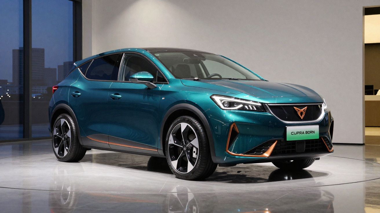 Carro elétrico Cupra Born verde metálico estacionado em ambiente interno moderno e iluminado.