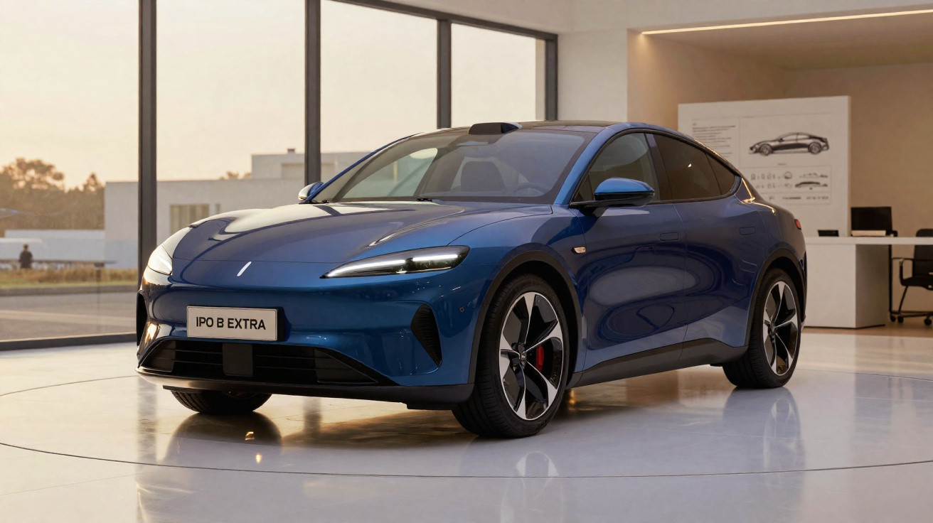Carro elétrico azul em exposição interna, modelo IPO B Extra com design aerodinâmico e rodas esportivas.