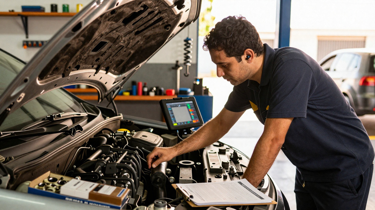 Mecânico inspecionando o motor de um carro com capô aberto em oficina automotiva.
