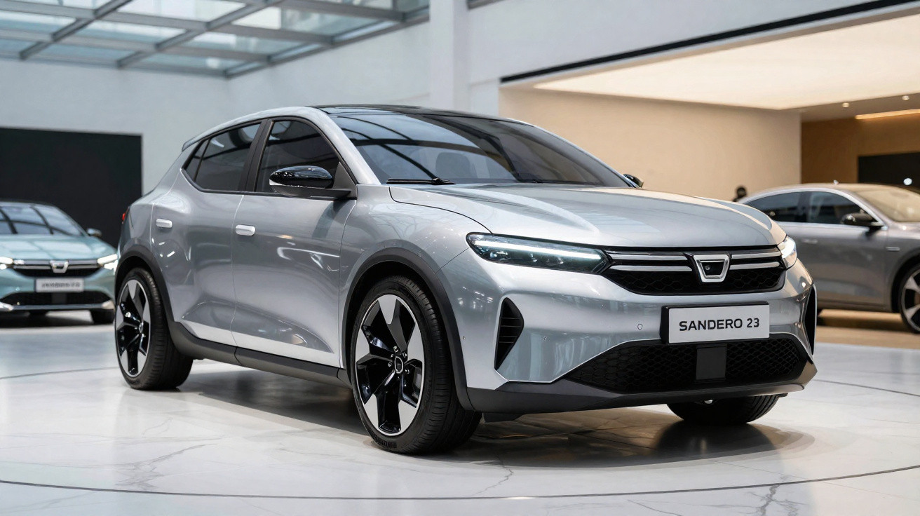 Carro hatchback prata modelo Sandero 23 exibido em showroom moderno e iluminado.