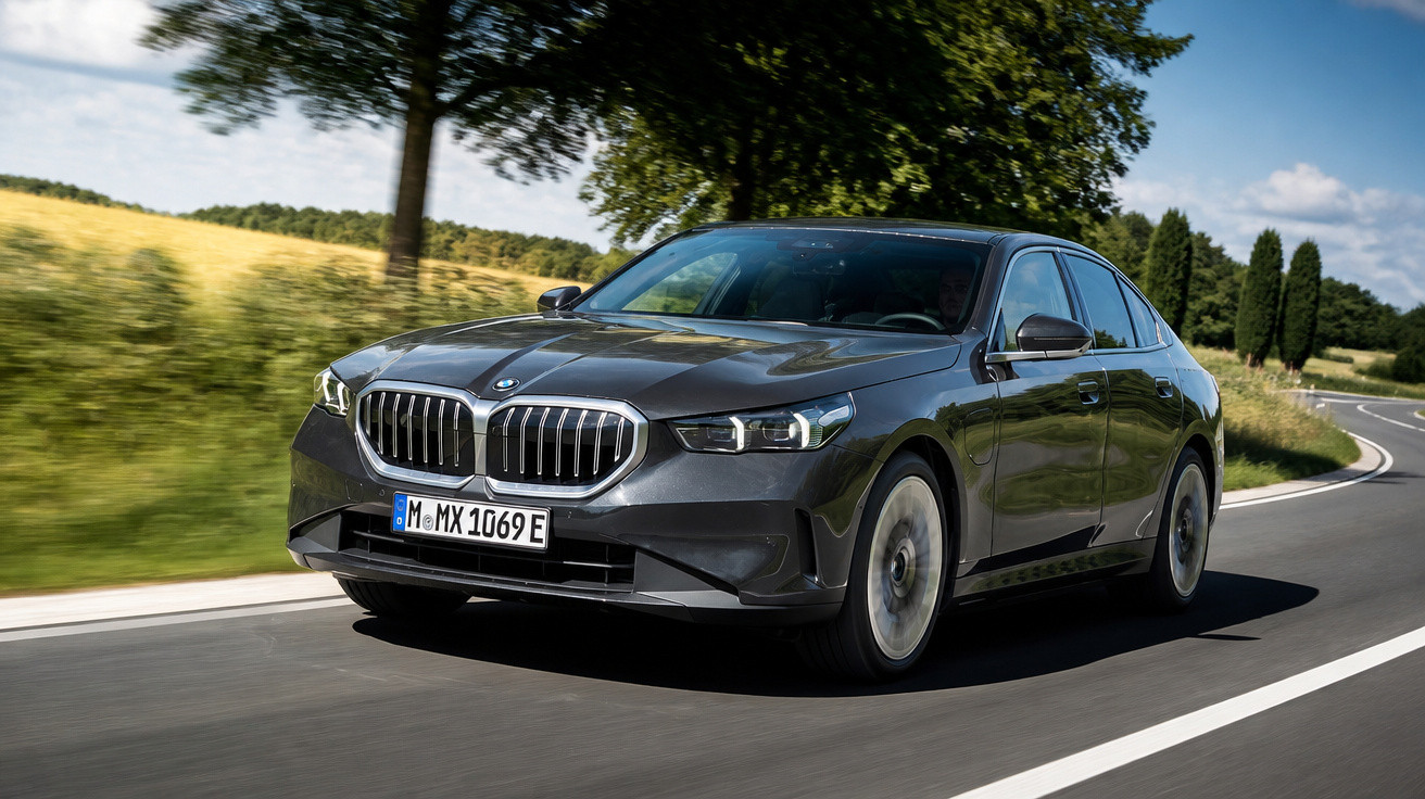 Carro BMW cinza escuro em estrada asfaltada com vegetação e campos ao fundo em dia ensolarado.