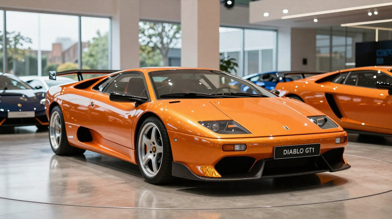 Carro esportivo Laranja Lamborghini Diablo GT1 em exposição interna com outros carros ao fundo.