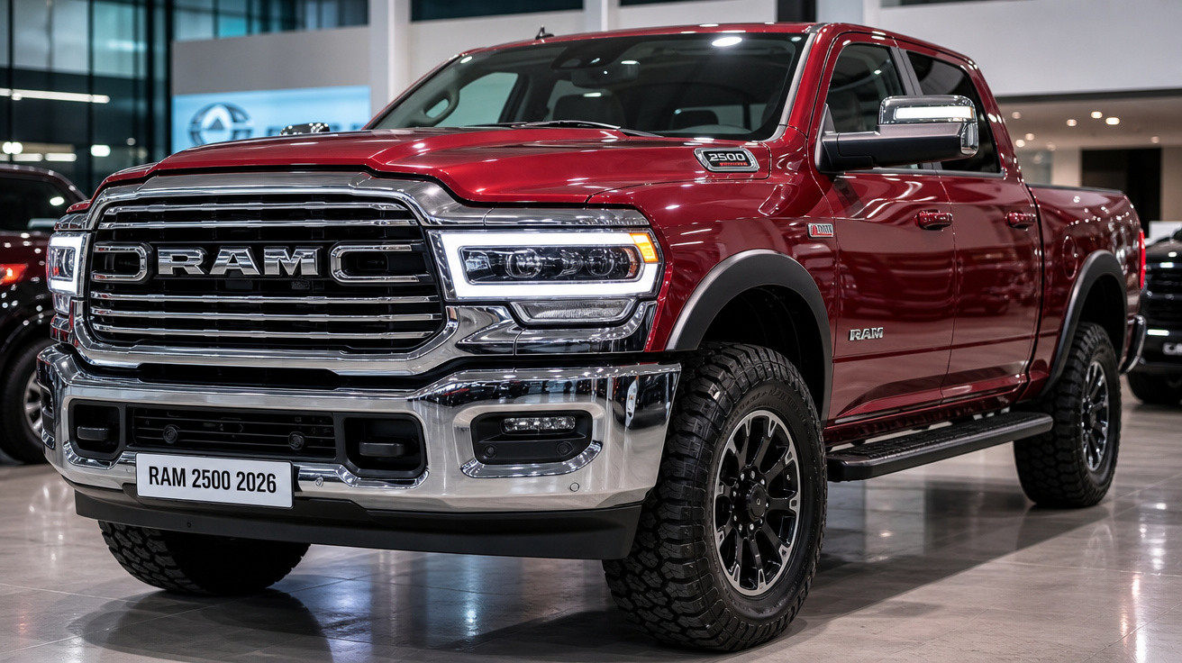 Picape RAM 2500 2026 vermelha exibida em showroom com detalhes cromados e pneus robustos.