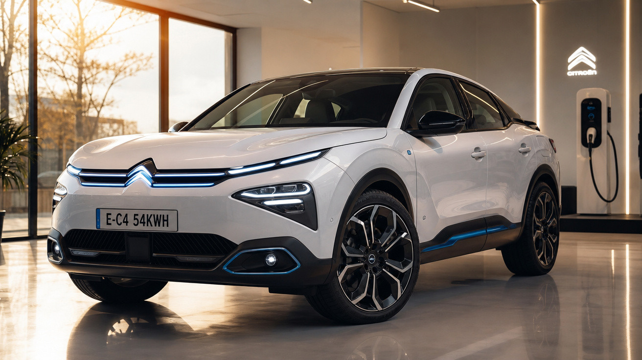 Carro elétrico Citroën branco estacionado em showroom com carregador e luz natural ao fundo.