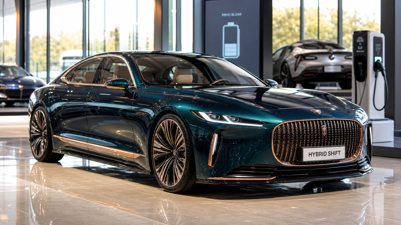 Carro elétrico de luxo verde escuro em exposição com placa "Hybrid Shift" em showroom moderno.