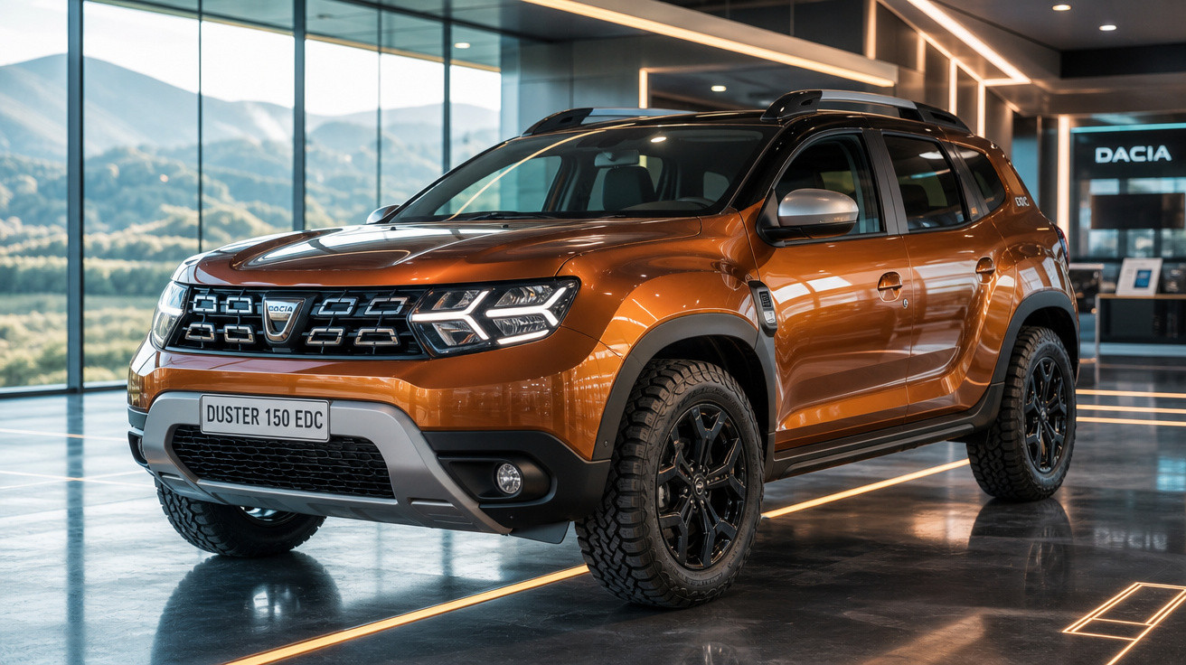 SUV Dacia Duster 150 EDC laranja metálico exibido em showroom moderno com grandes janelas e iluminação LED.