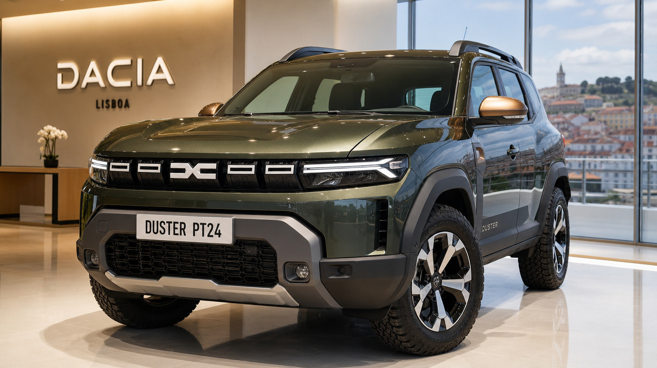 SUV Dacia Duster PT24 verde em showroom moderno com vista para cidade ao fundo.